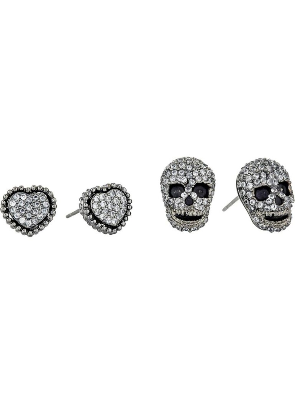 Chic CZ Pave Heart & Skull Stud Earrings Duo Set - Trendy Fashion Jewelry